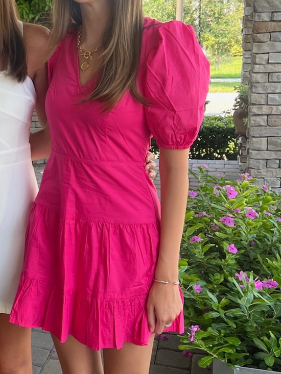 French Connection Dresses & Skirts - French Connection Fuchsia Puff-Sleeve Tiered Mini Dress
